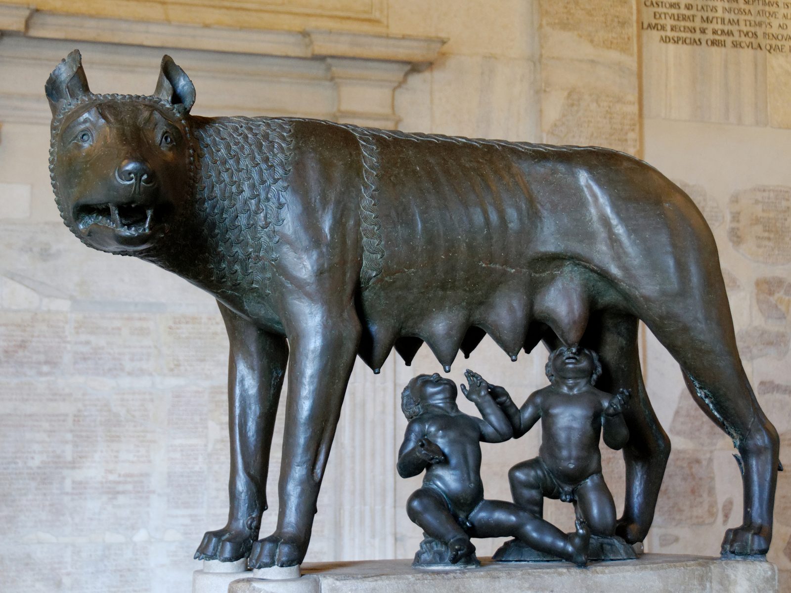 The bronze Capitoline Wolf statue with Romulus and Remus
